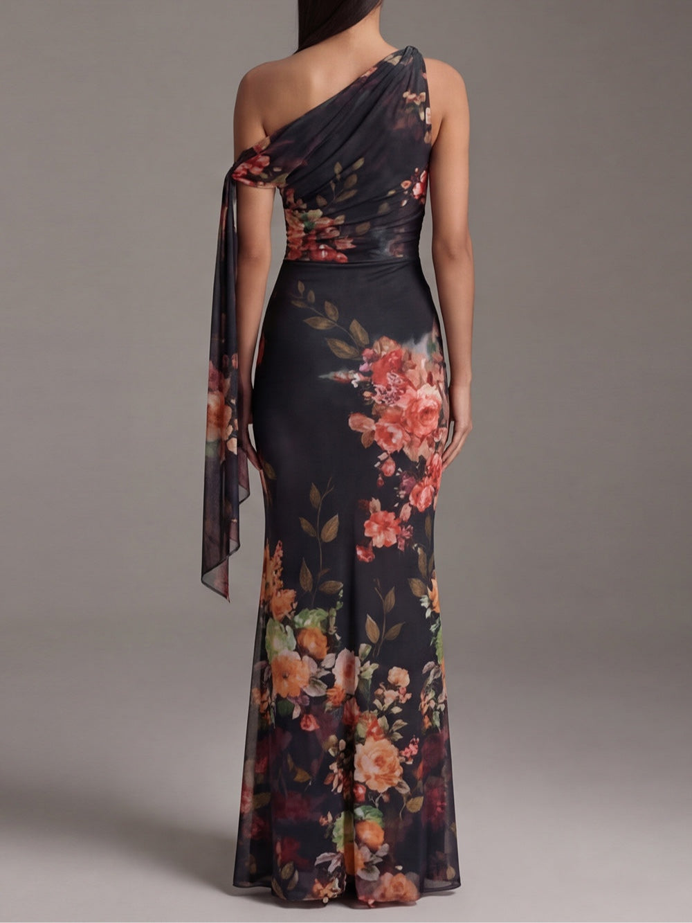 Silvia | Abito Maxi Nero Monospalla in Chiffon