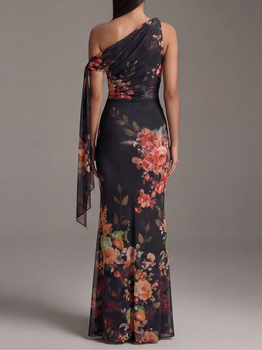 Silvia | Abito Maxi Nero Monospalla in Chiffon