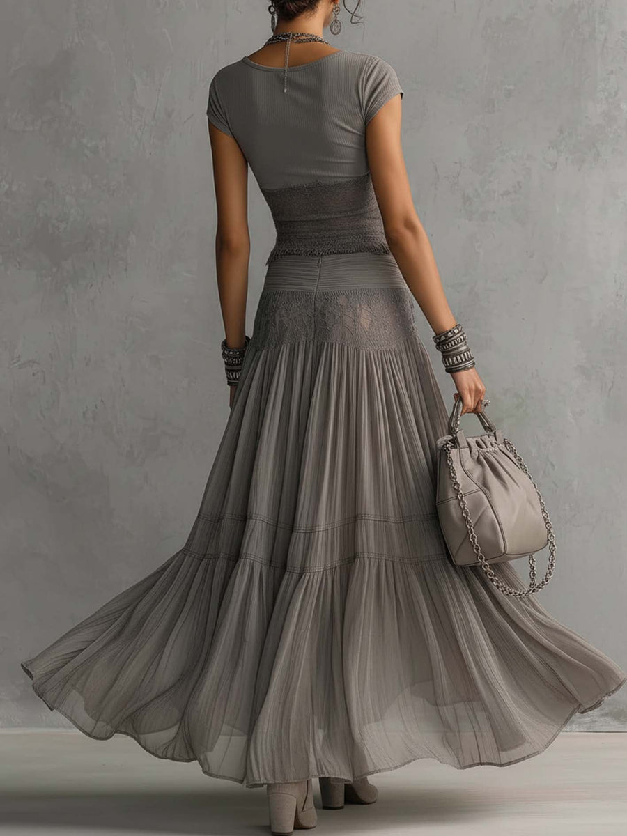 Serena | Completo Grigio con Gonna Maxi Plissettata
