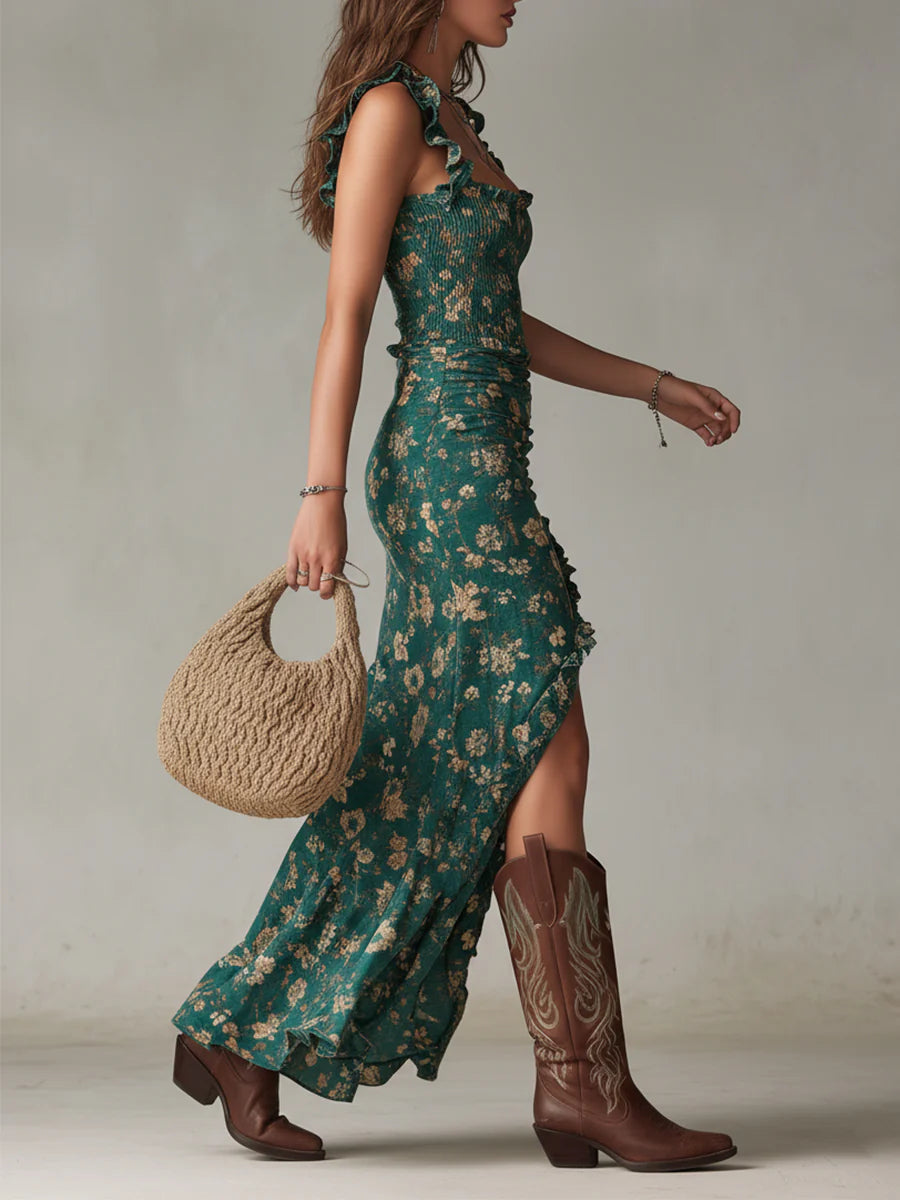 Nicoletta | Abito Maxi Verde Boho con Volant