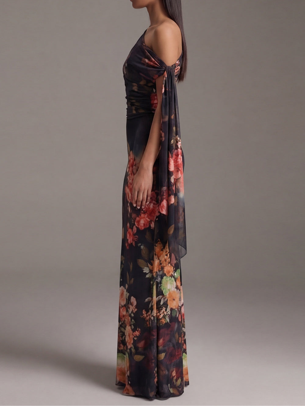 Silvia | Abito Maxi Nero Monospalla in Chiffon