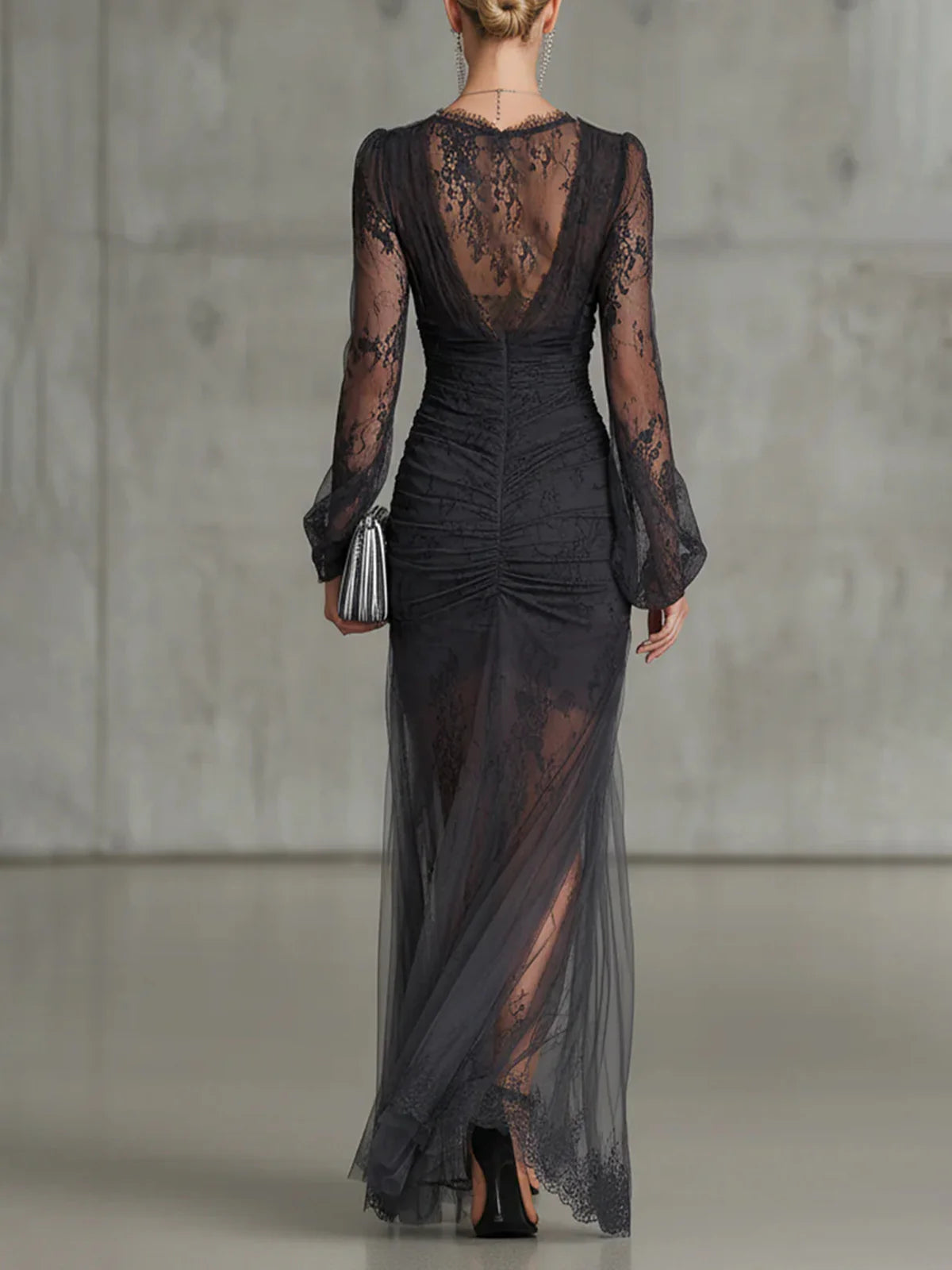 Rosanna | Abito Maxi Grigio Scuro con Pizzo