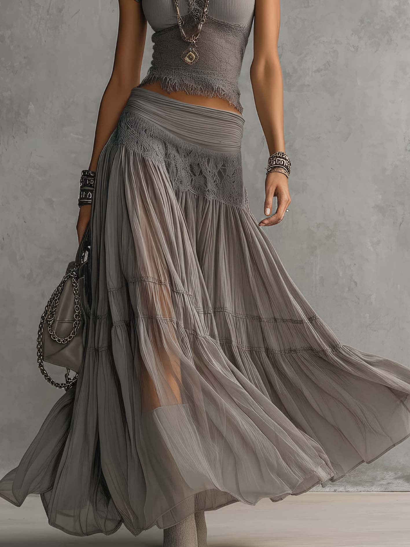 Serena | Completo Grigio con Gonna Maxi Plissettata