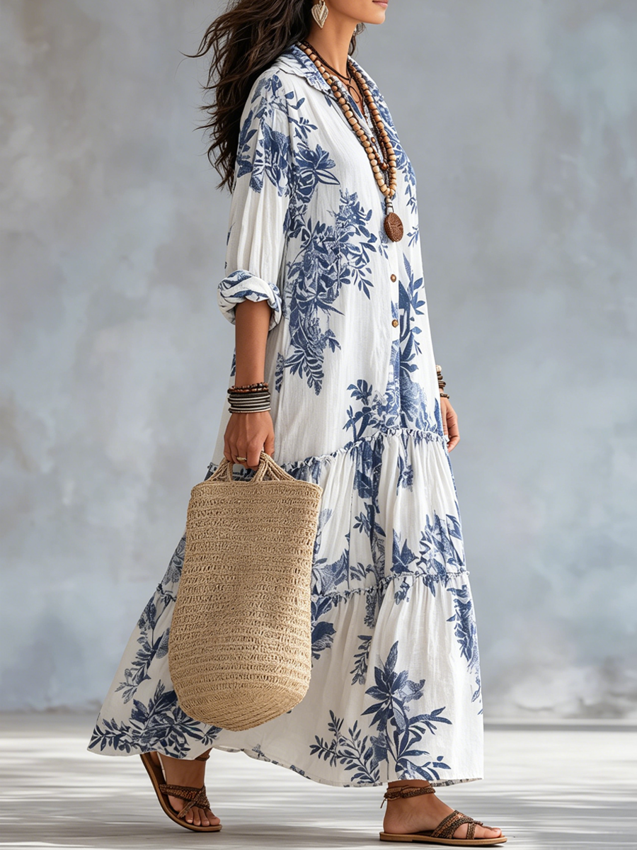 Lucia™ | Abito Lungo Floreale Blu con Bottoni