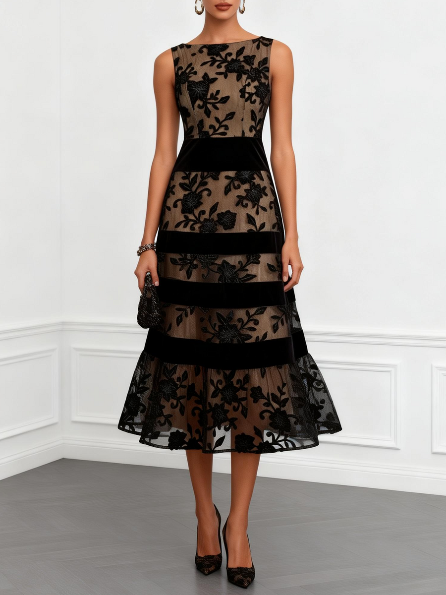 Paola | Abito Midi Nero in Tulle Floreale