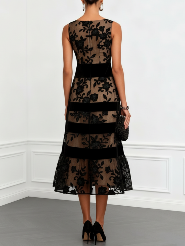 Paola | Abito Midi Nero in Tulle Floreale
