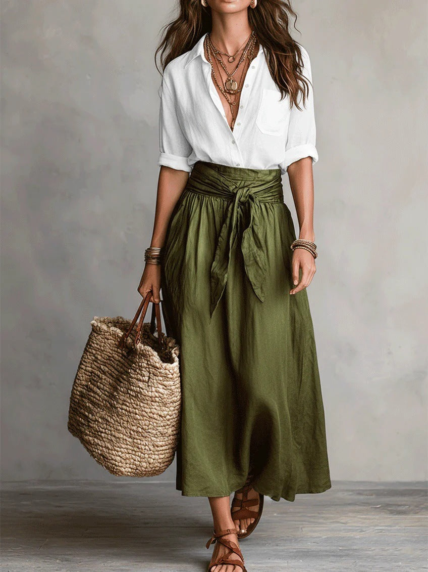 Vera™ | Set di Due Pezzi: Top Nero e Gonna Midi Verde Oliva