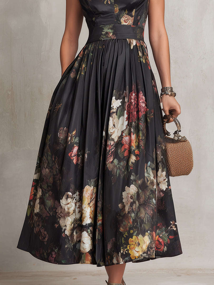 Daniela | Abito Midi Nero Floreale in Raso