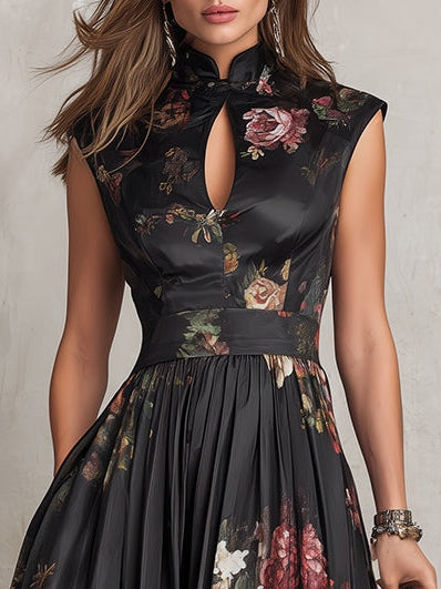 Daniela | Abito Midi Nero Floreale in Raso