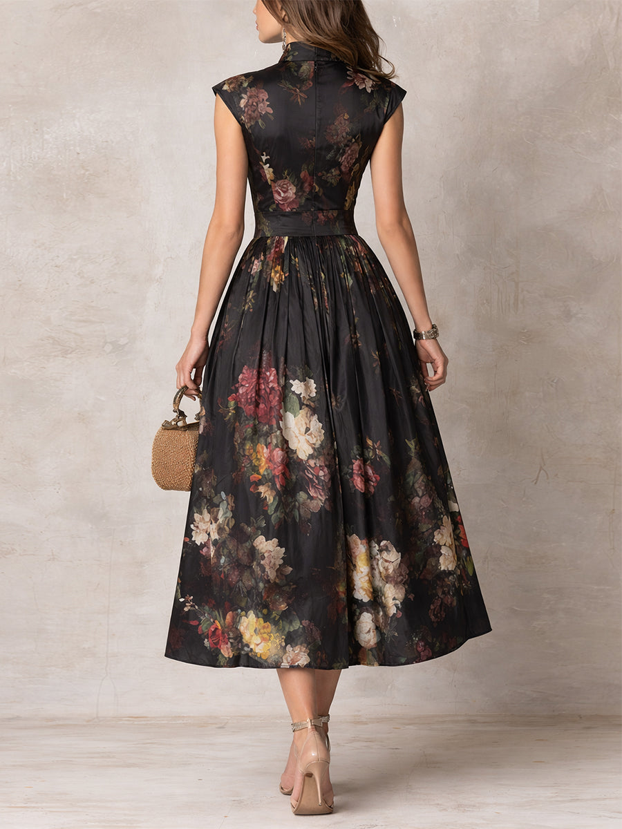 Daniela | Abito Midi Nero Floreale in Raso