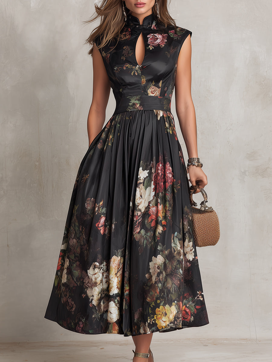 Daniela | Abito Midi Nero Floreale in Raso