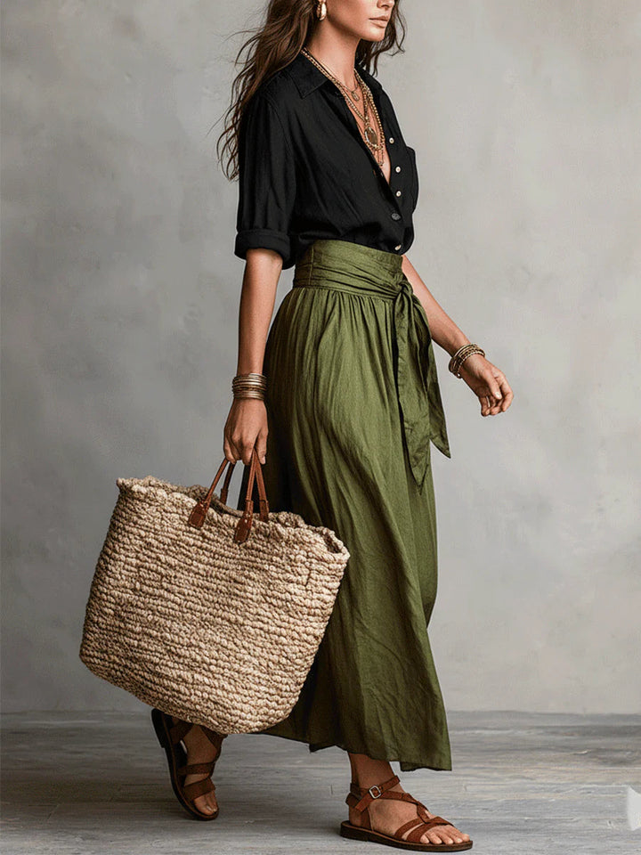 Vera™ | Set di Due Pezzi: Top Nero e Gonna Midi Verde Oliva
