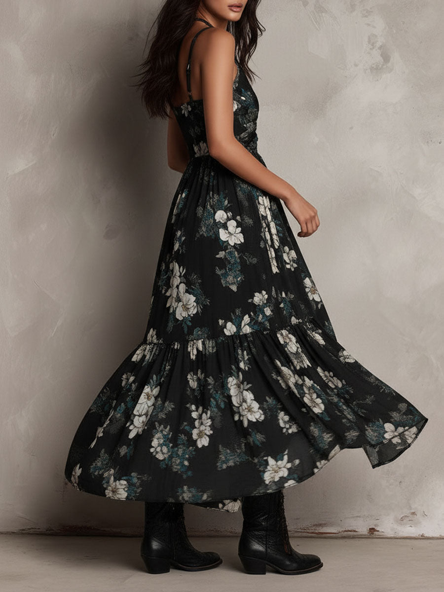 Elisabetta | Abito Maxi Nero Floreale Boho