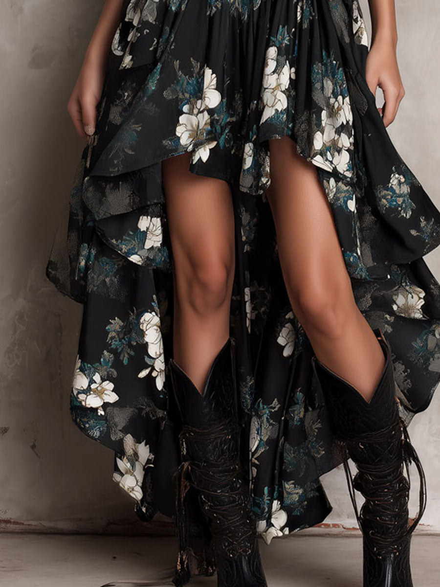 Elisabetta | Abito Maxi Nero Floreale Boho