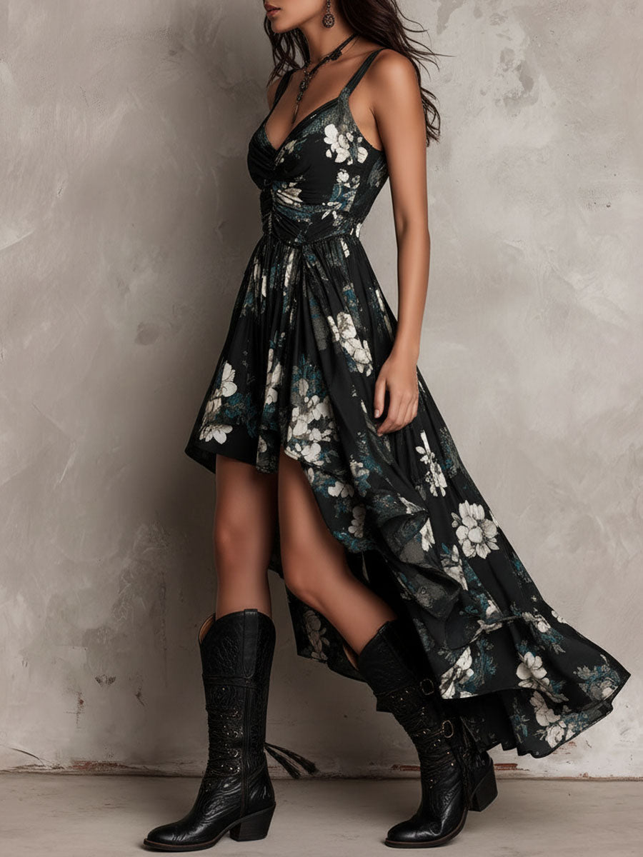 Elisabetta | Abito Maxi Nero Floreale Boho