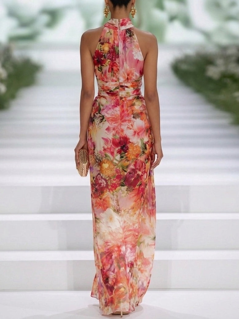Maria | Abito Maxi Rosso Floreale in Chiffon