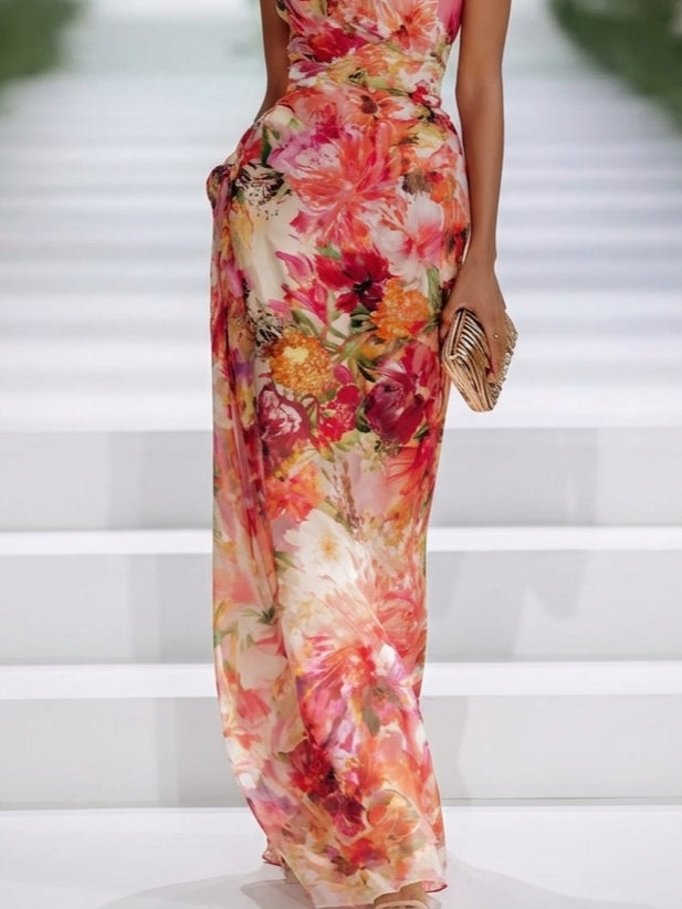 Maria | Abito Maxi Rosso Floreale in Chiffon