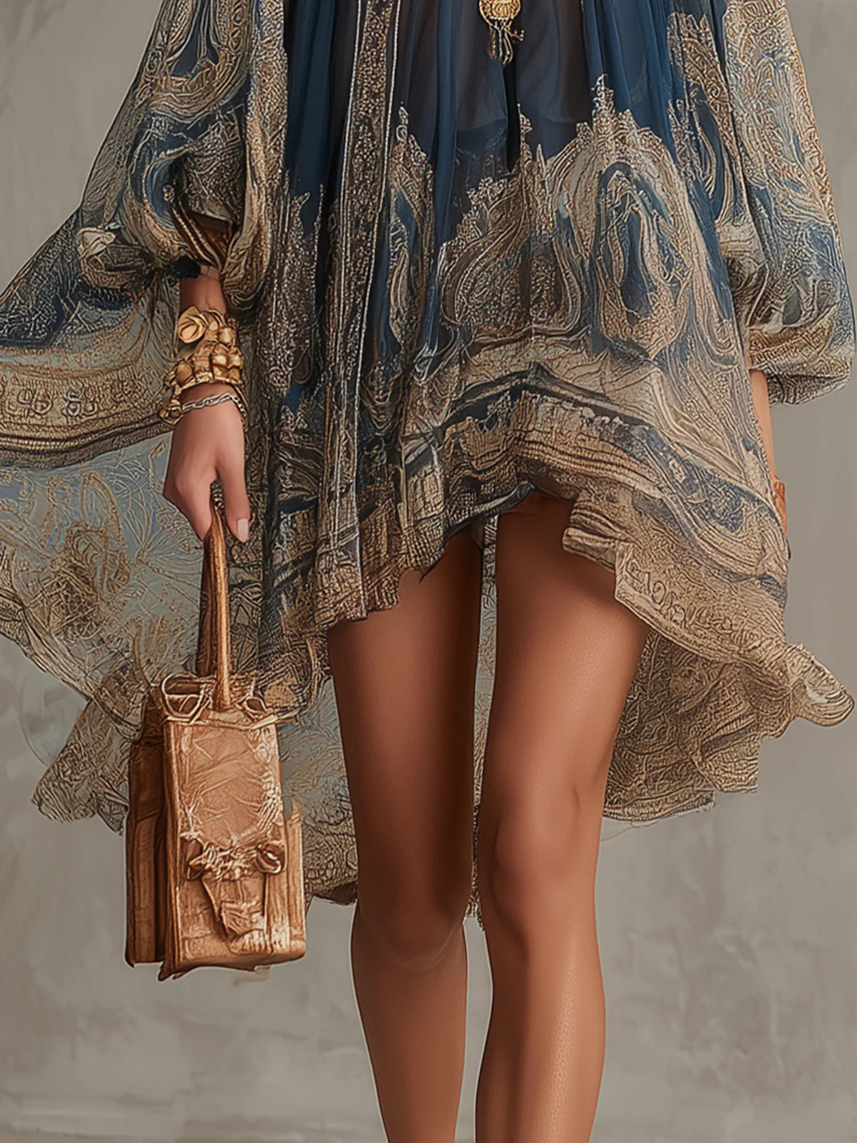 Martina | Mini Abito Blu Navy con Stampa Barocca
