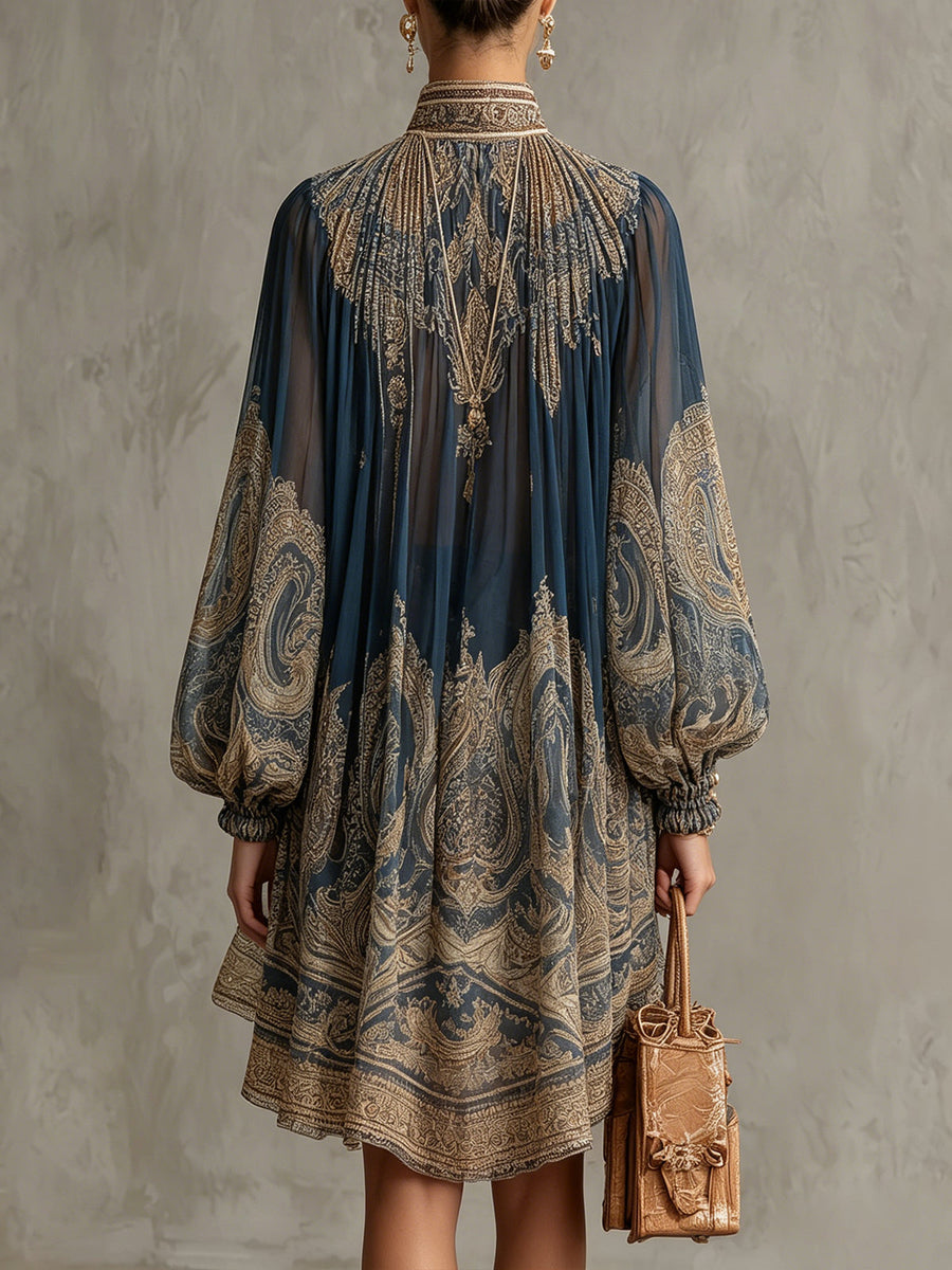 Martina | Mini Abito Blu Navy con Stampa Barocca