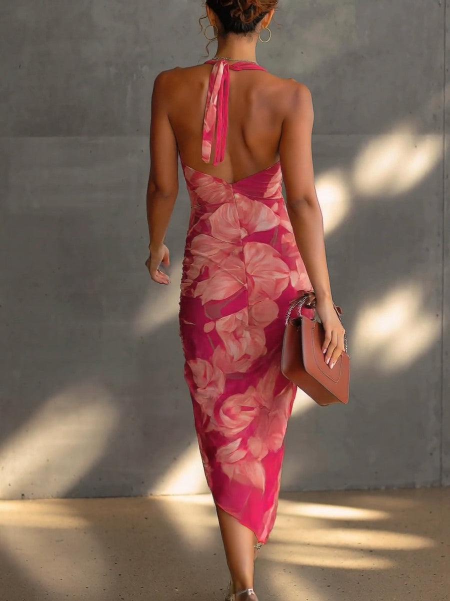 Angela | Abito Fucsia Floreale con Spacco