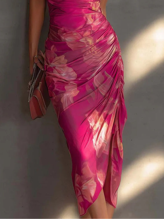 Angela | Abito Fucsia Floreale con Spacco