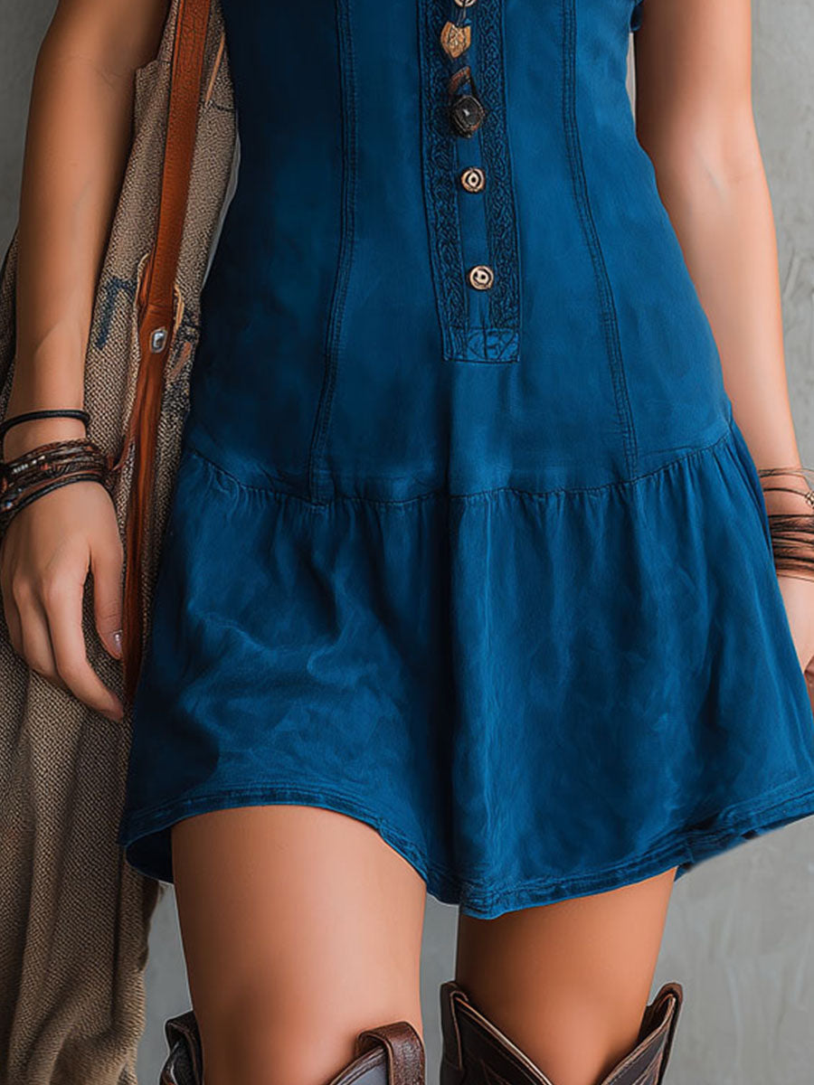 Ornella | Mini Abito Boho Indigo con Bottoni