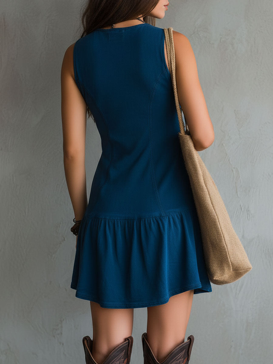 Ornella | Mini Abito Boho Indigo con Bottoni