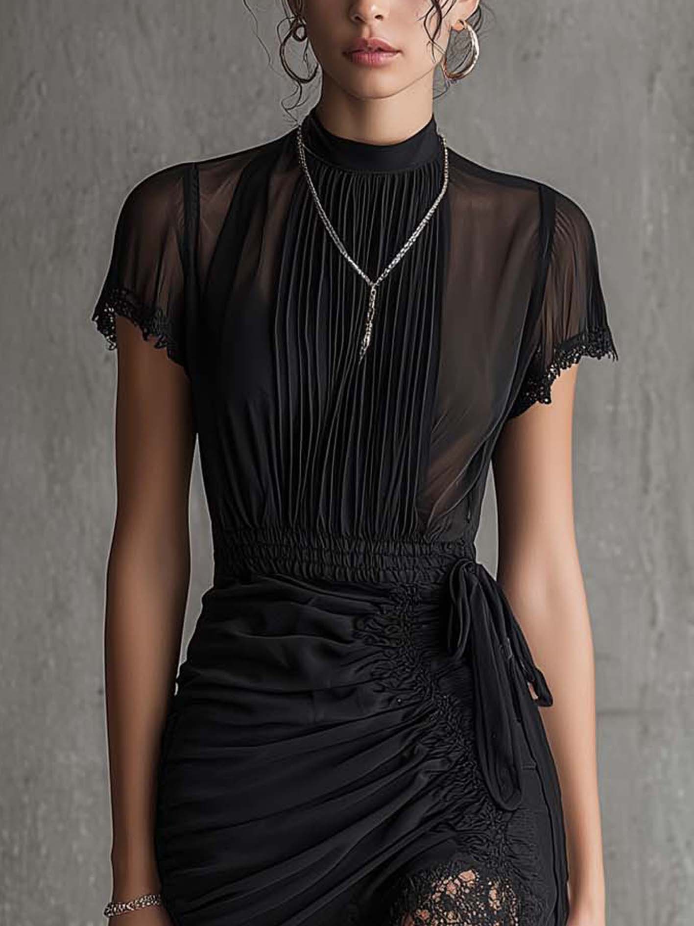 Paola | Mini Abito Nero in Chiffon con Pizzo