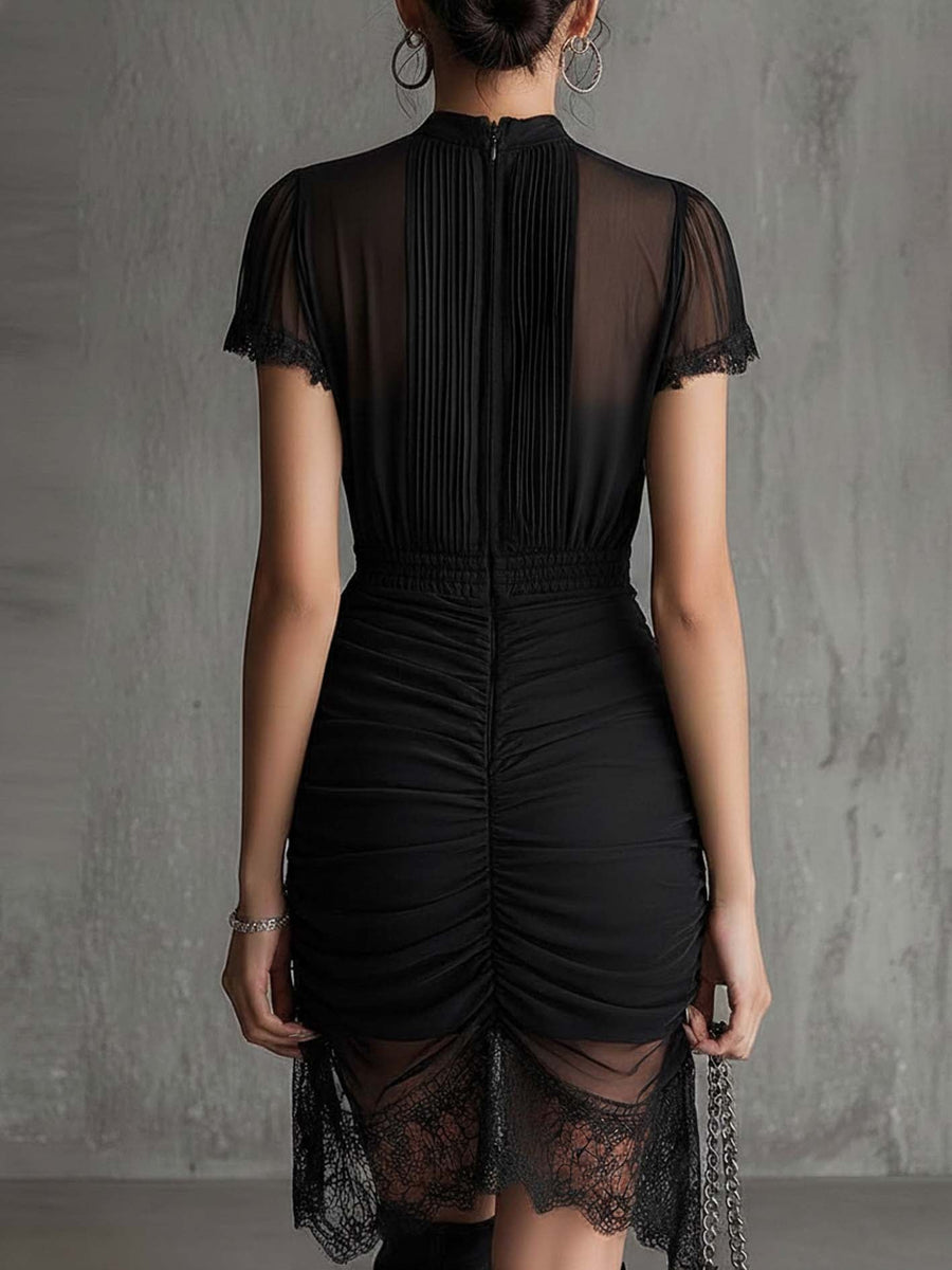 Paola | Mini Abito Nero in Chiffon con Pizzo