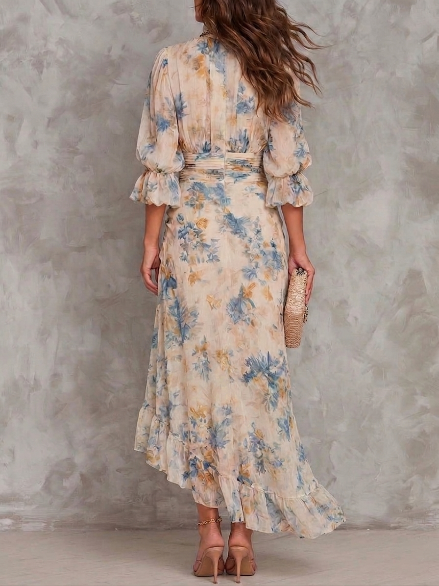 Antonella | Abito Maxi Beige con Stampa Floreale Artistica
