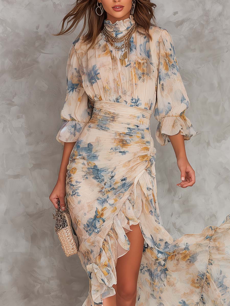 Antonella | Abito Maxi Beige con Stampa Floreale Artistica
