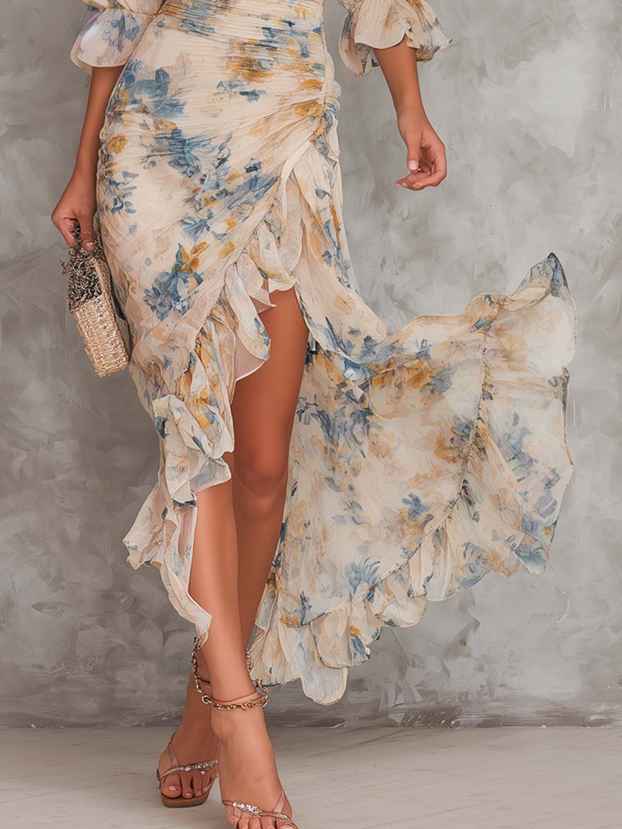 Antonella | Abito Maxi Beige con Stampa Floreale Artistica