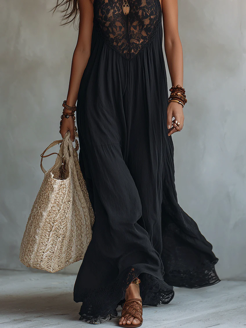 Francesca | Abito Maxi Nero Boho con Pizzo