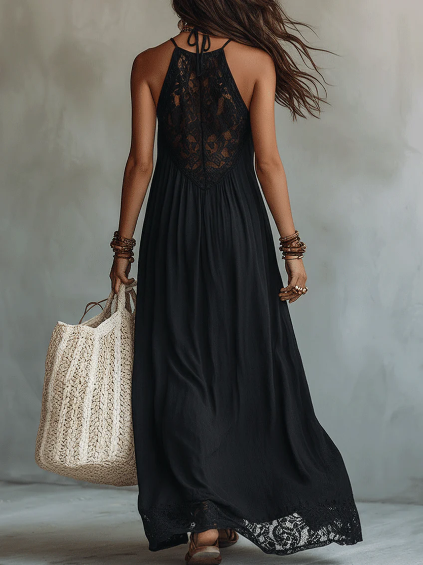 Francesca | Abito Maxi Nero Boho con Pizzo