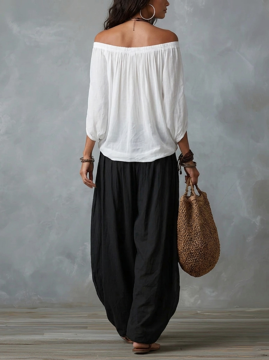 Bianca |Completo con Top a Spalle Scoperte e Pantaloni Ampi