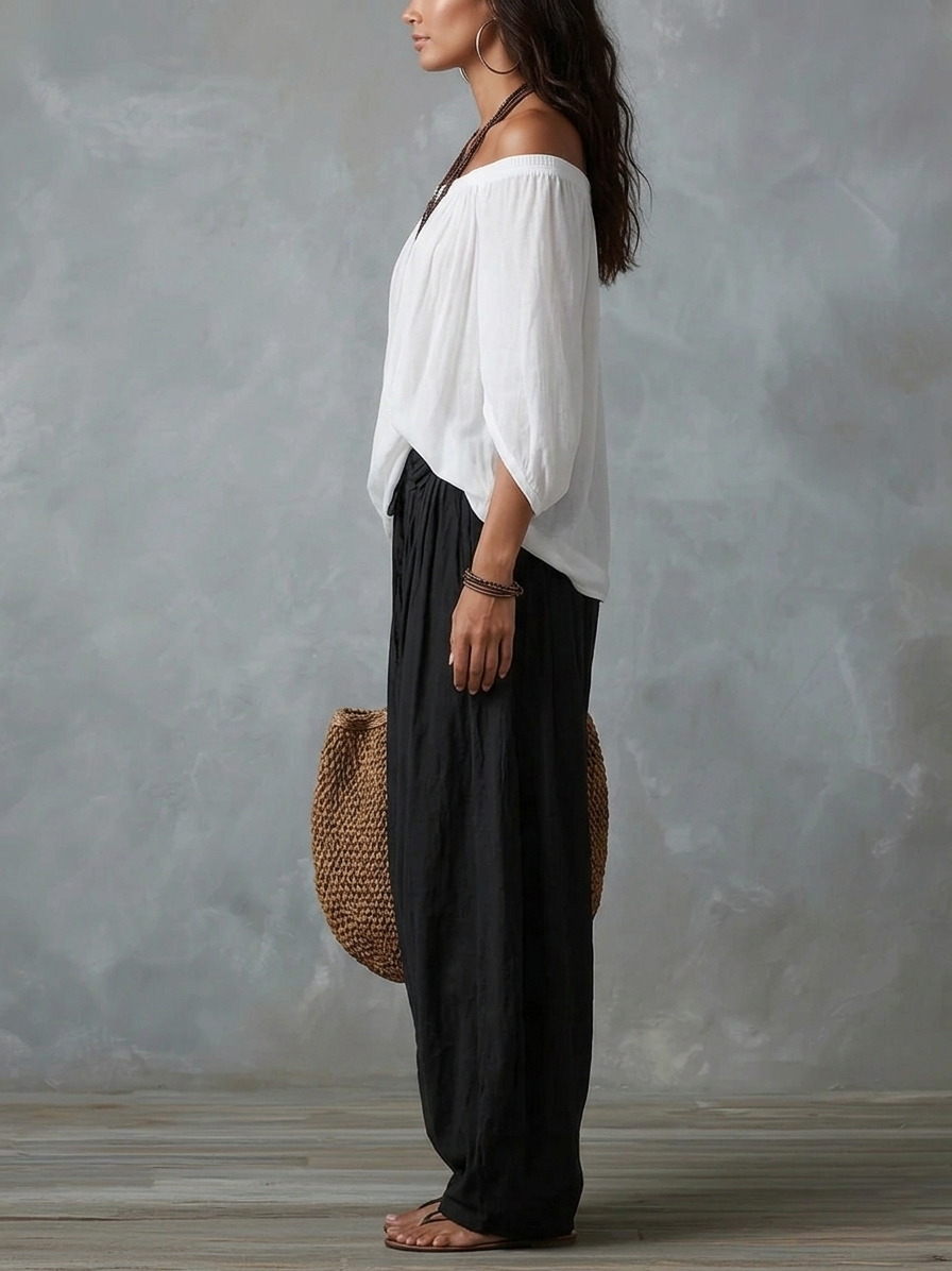 Bianca |Completo con Top a Spalle Scoperte e Pantaloni Ampi