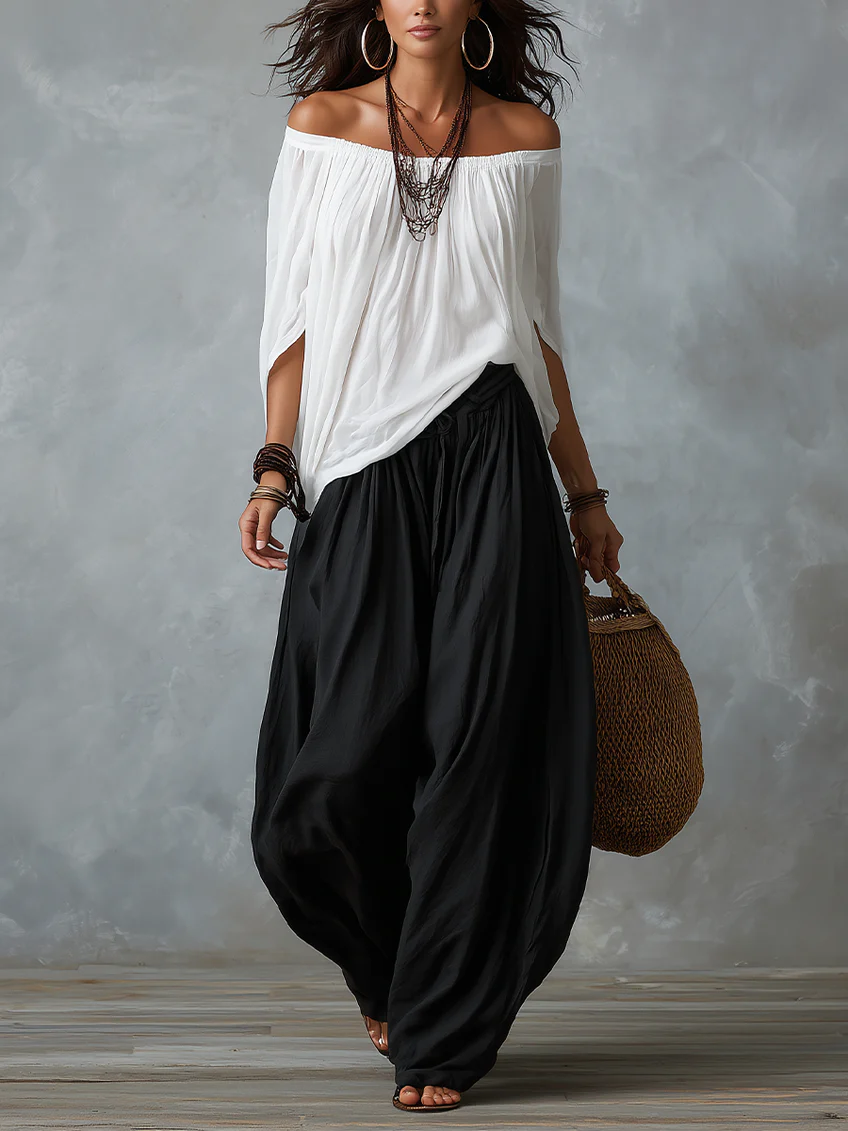 Bianca |Completo con Top a Spalle Scoperte e Pantaloni Ampi