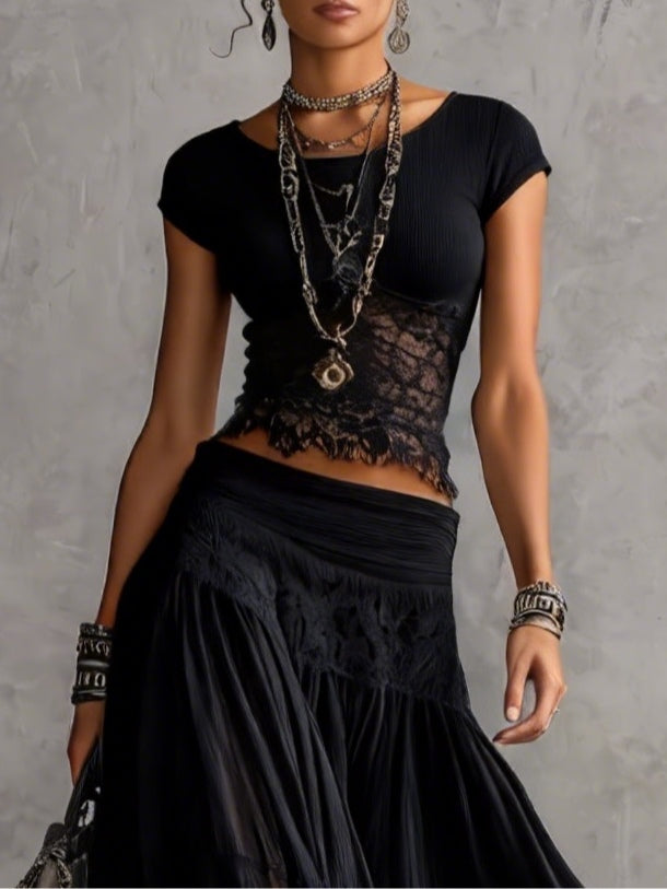 Isabella | Completo Nero con Gonna Maxi Plissettata